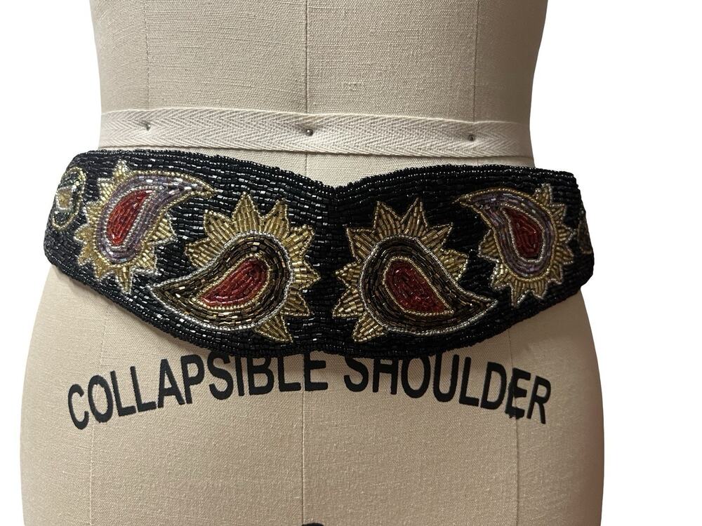 Vtg 80s Runway Statement Glam Beaded Womens Belt Cummerbund Satin SZ M